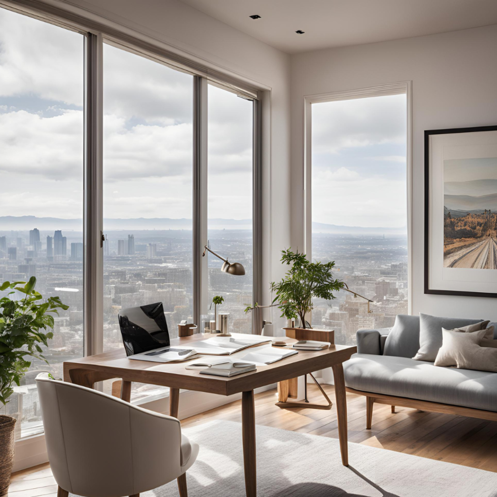 paperwork on a desk with beautiful city views in the window