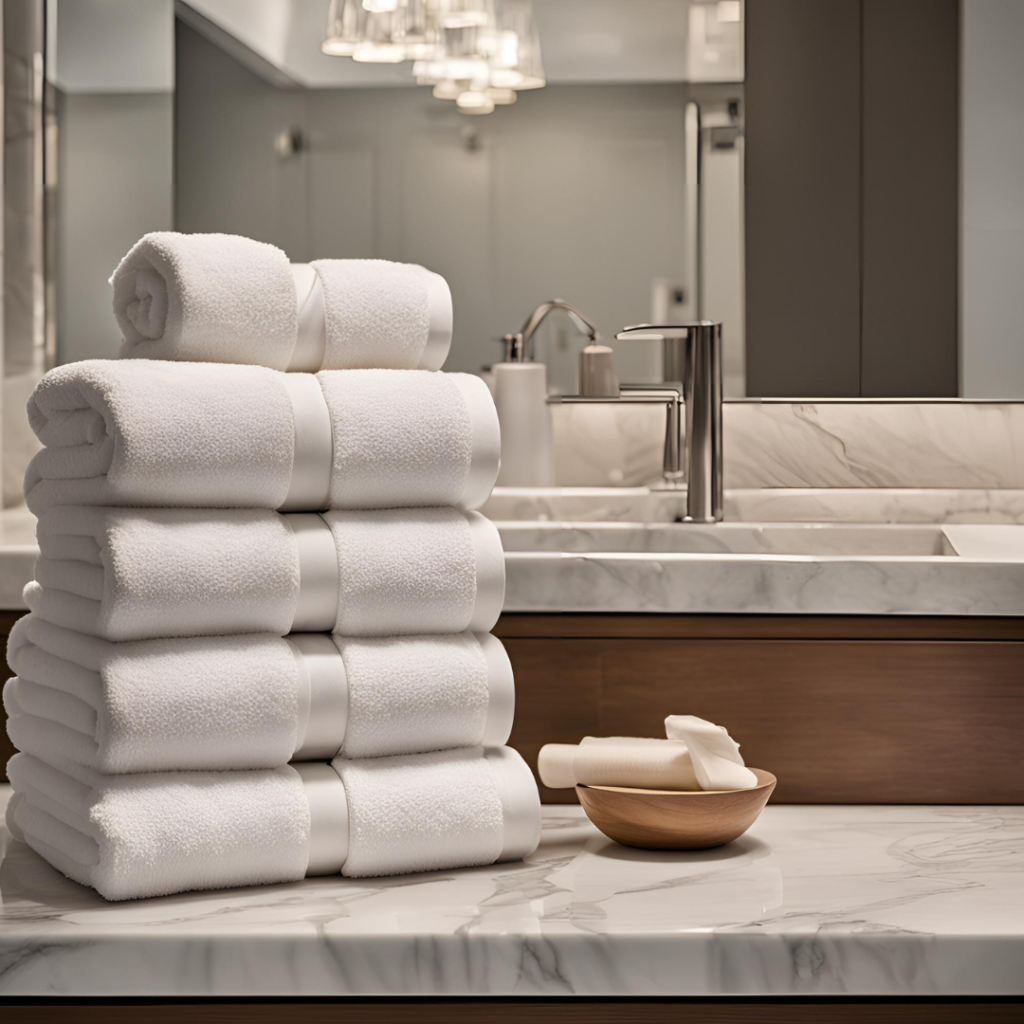 Picture of 5 clean white towels neatly folded in front of a bathroom mirror.